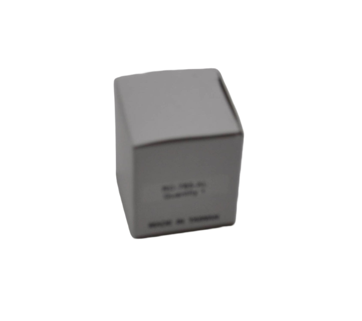 White cubed box with label and black writing on a white background.