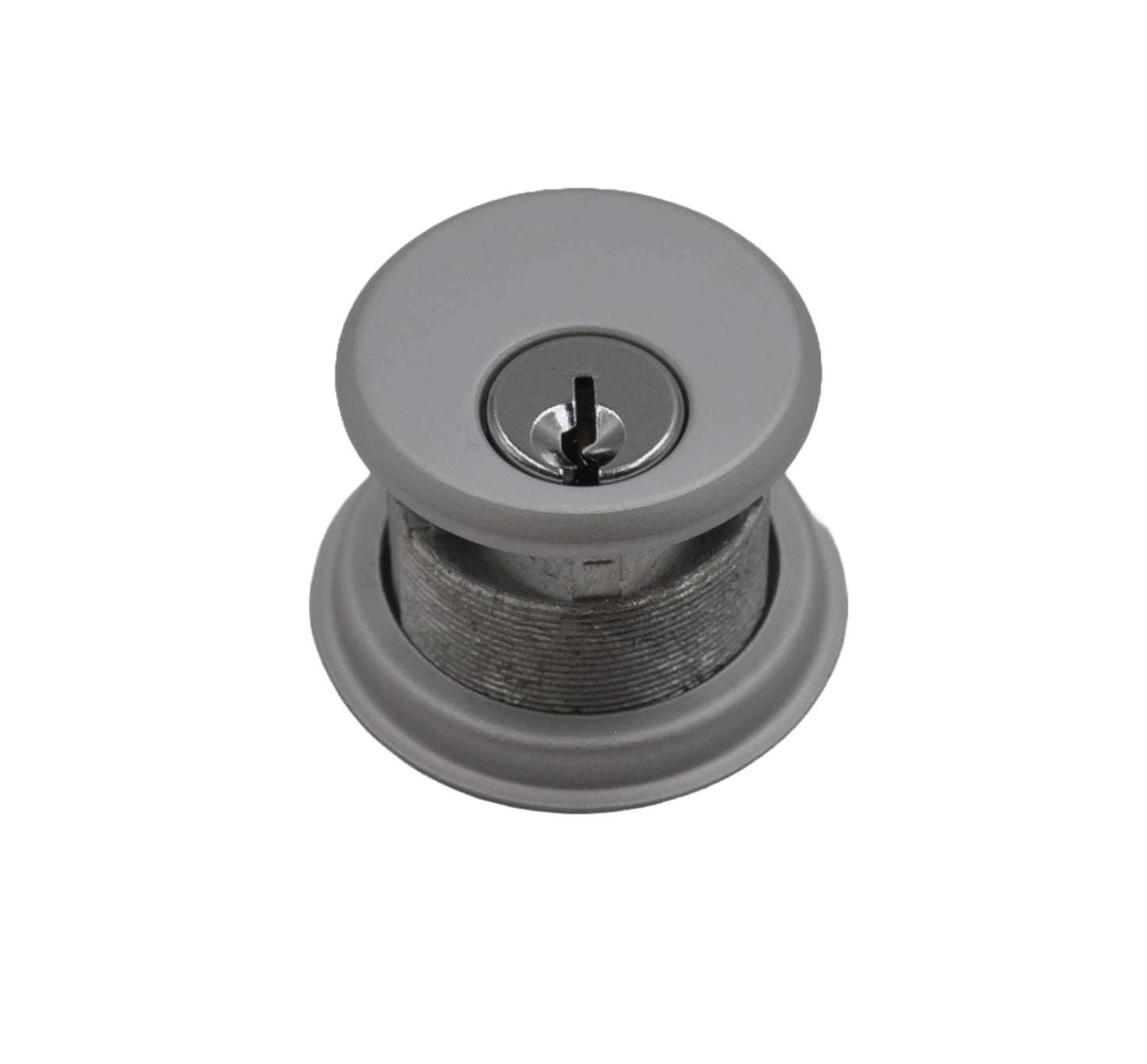 Top view of A nickel-plated screw-in cylinder lock designed for commercial aluminium doors. On a white background.