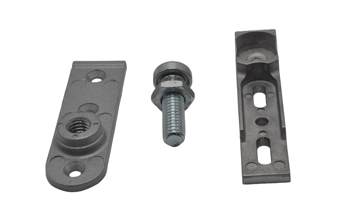 An image showing two components of the Axim TC-8800-02 Aluminium Door Bottom Pivot, including a pivot point and an attachment plate, both made from aluminium. On a white background.