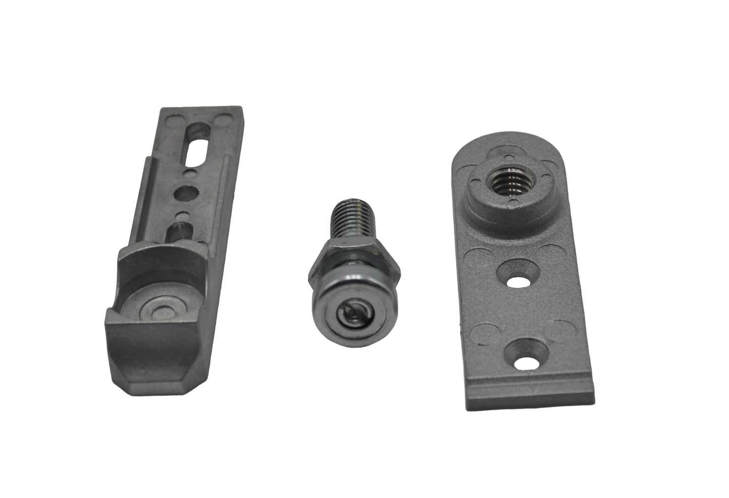 An image showing two components of the Axim TC-8800-02 Aluminium Door Bottom Pivot, including a pivot point and an attachment plate, both made from aluminium. On a white background.