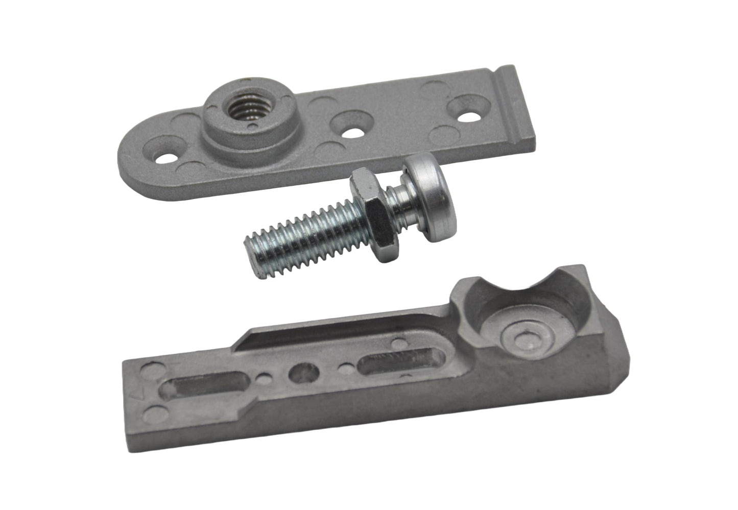 An image showing two components of the Axim TC-8800-02 Aluminium Door Bottom Pivot, including a pivot point and an attachment plate, both made from aluminium. On a white background.