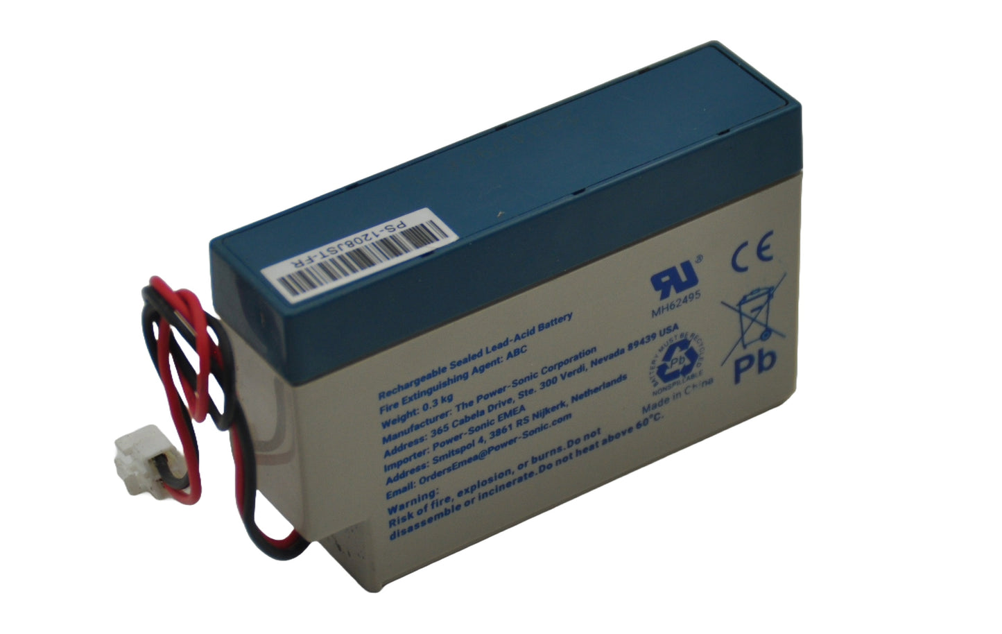 Rear view of A 12V 0.8aH battery with a blue and grey casing, including a wired connector and a white plug.