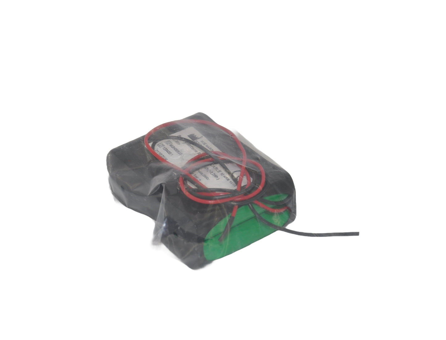 A top view of a black 12V backup battery for Assa Abloy automatic sliding door operators, with red and white wires in clear packaging. On a white background.