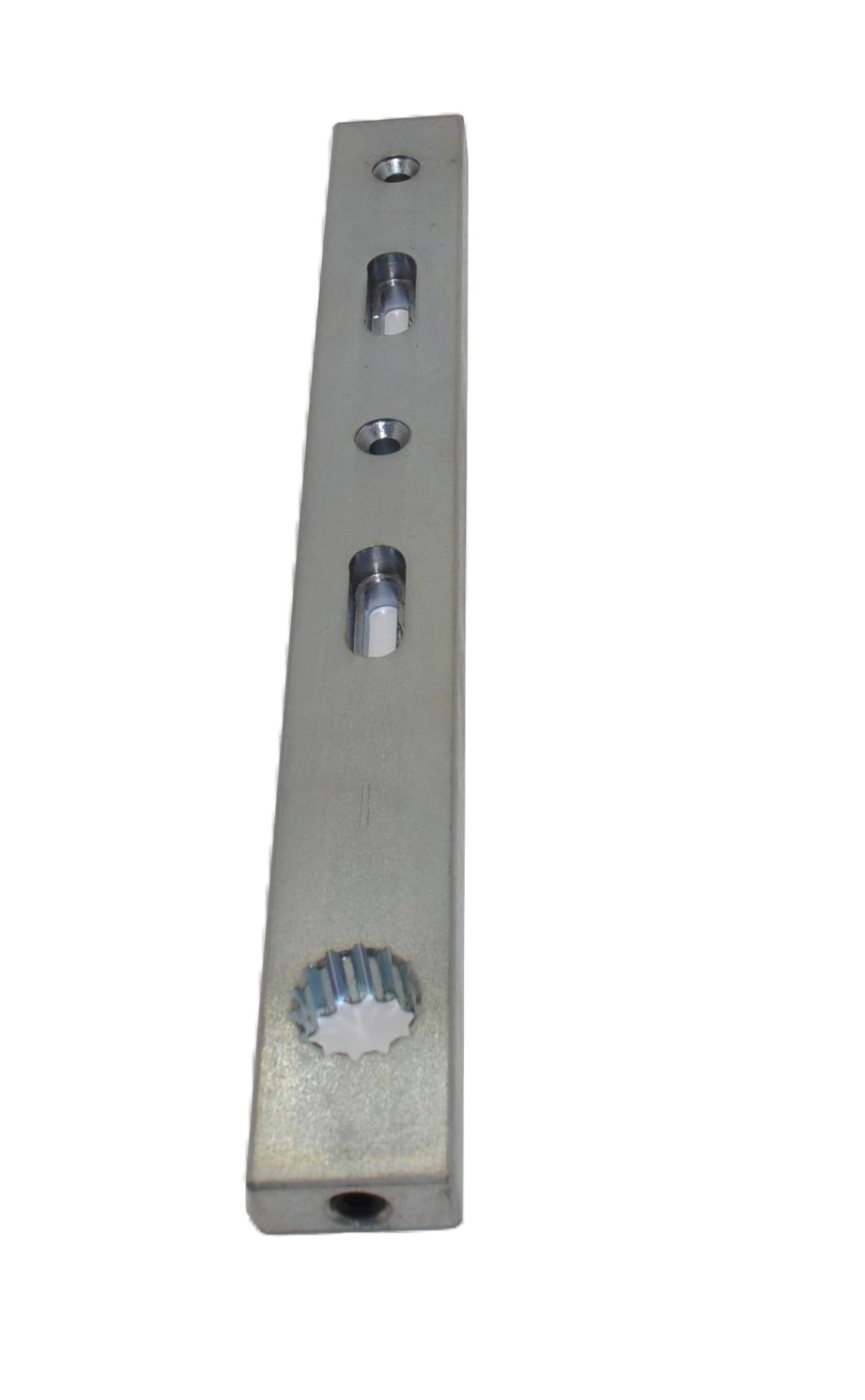 A top view of a Besam top arm. Silver-coloured metal top arm for automatic swing door operators, featuring multiple mounting holes. On a white background.