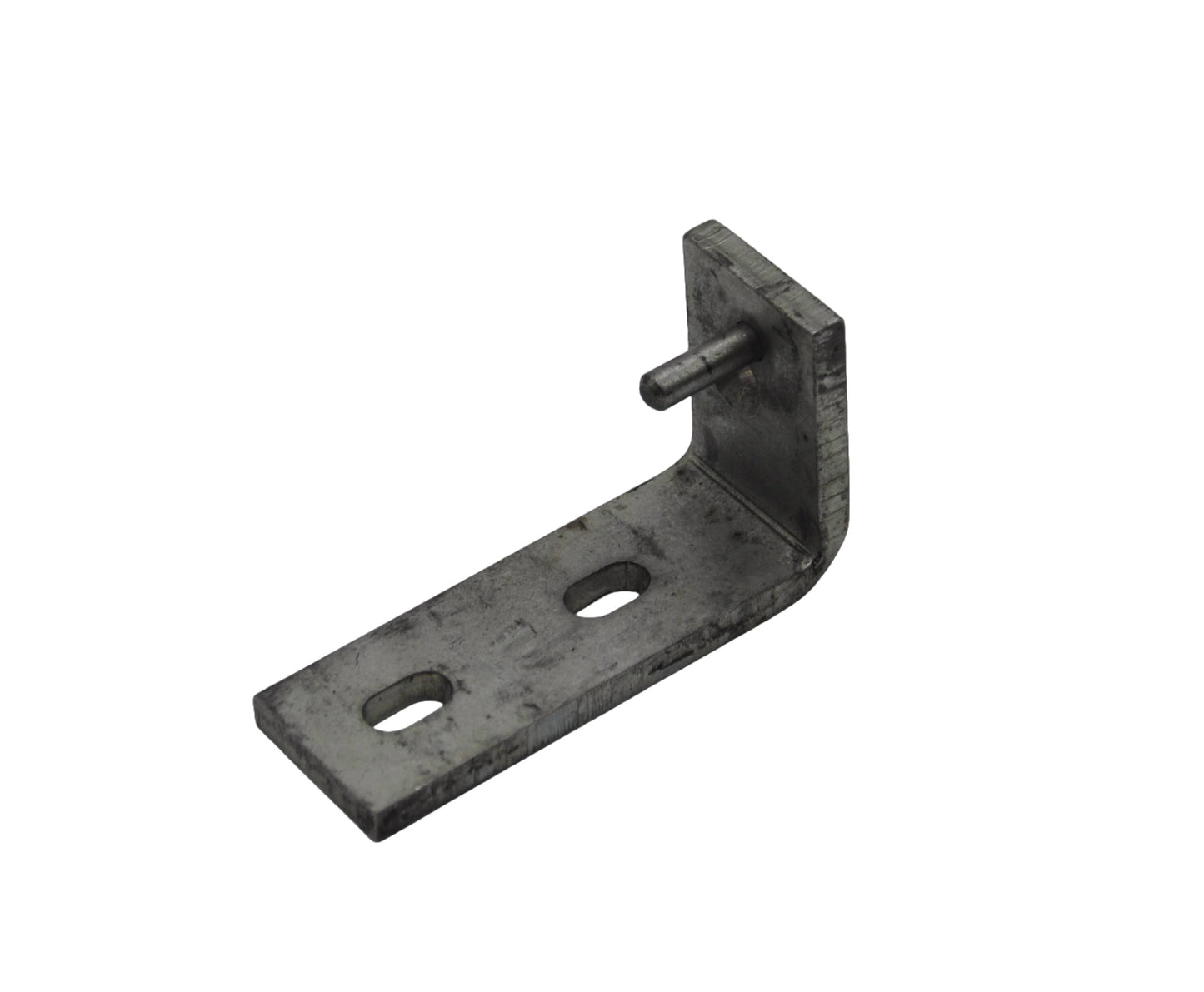 A top view of a black metal pin floor guide with two holes for mounting on a floor. On a white background.
