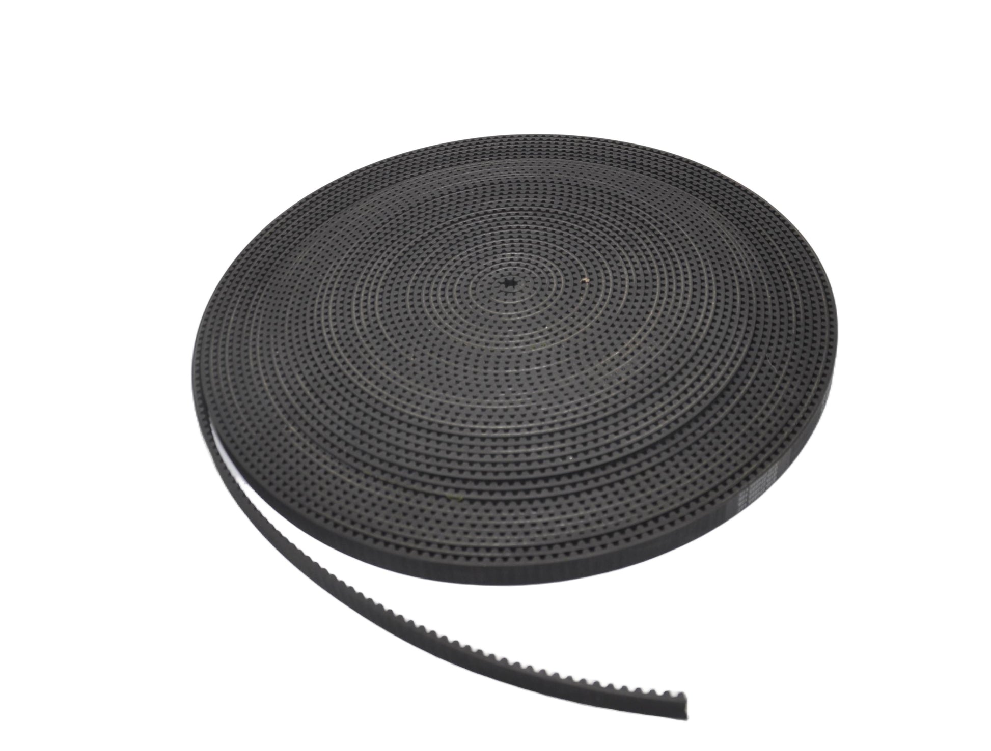 A top view of a coiled drive belt with teeth, on a white background.