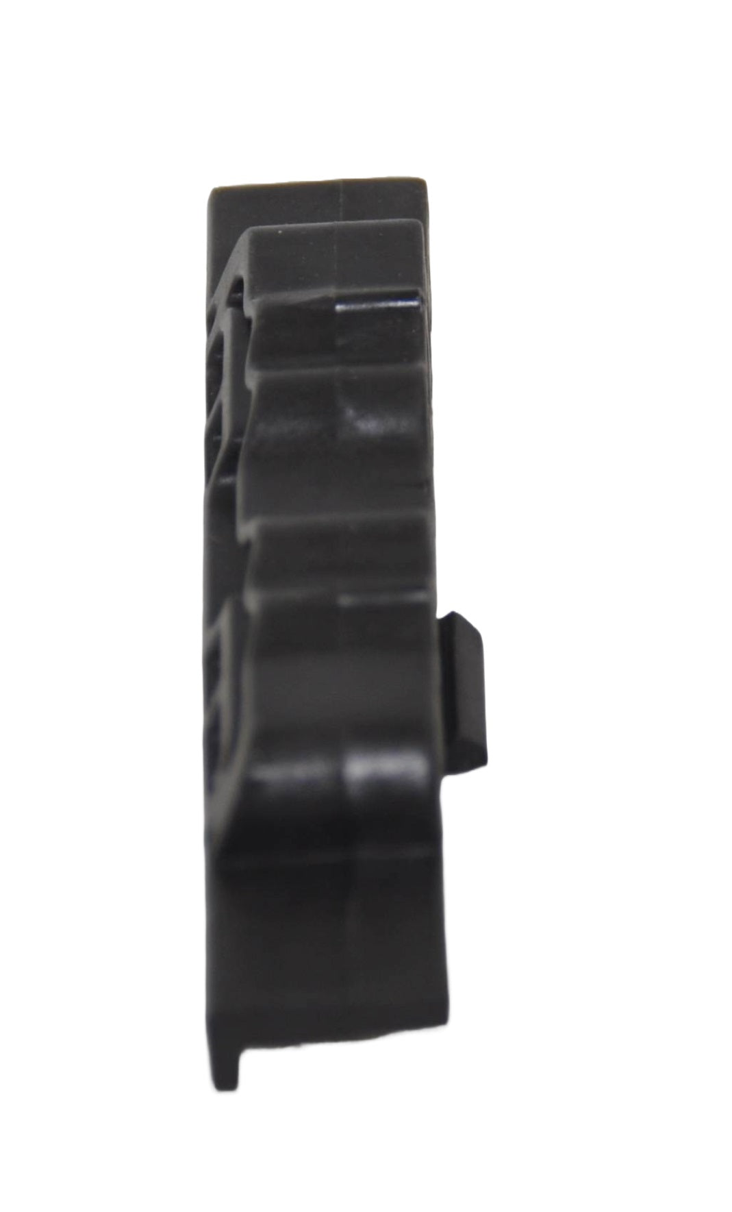 A close up side view of A black belt clamp designed for automatic sliding door operators. On a white background.