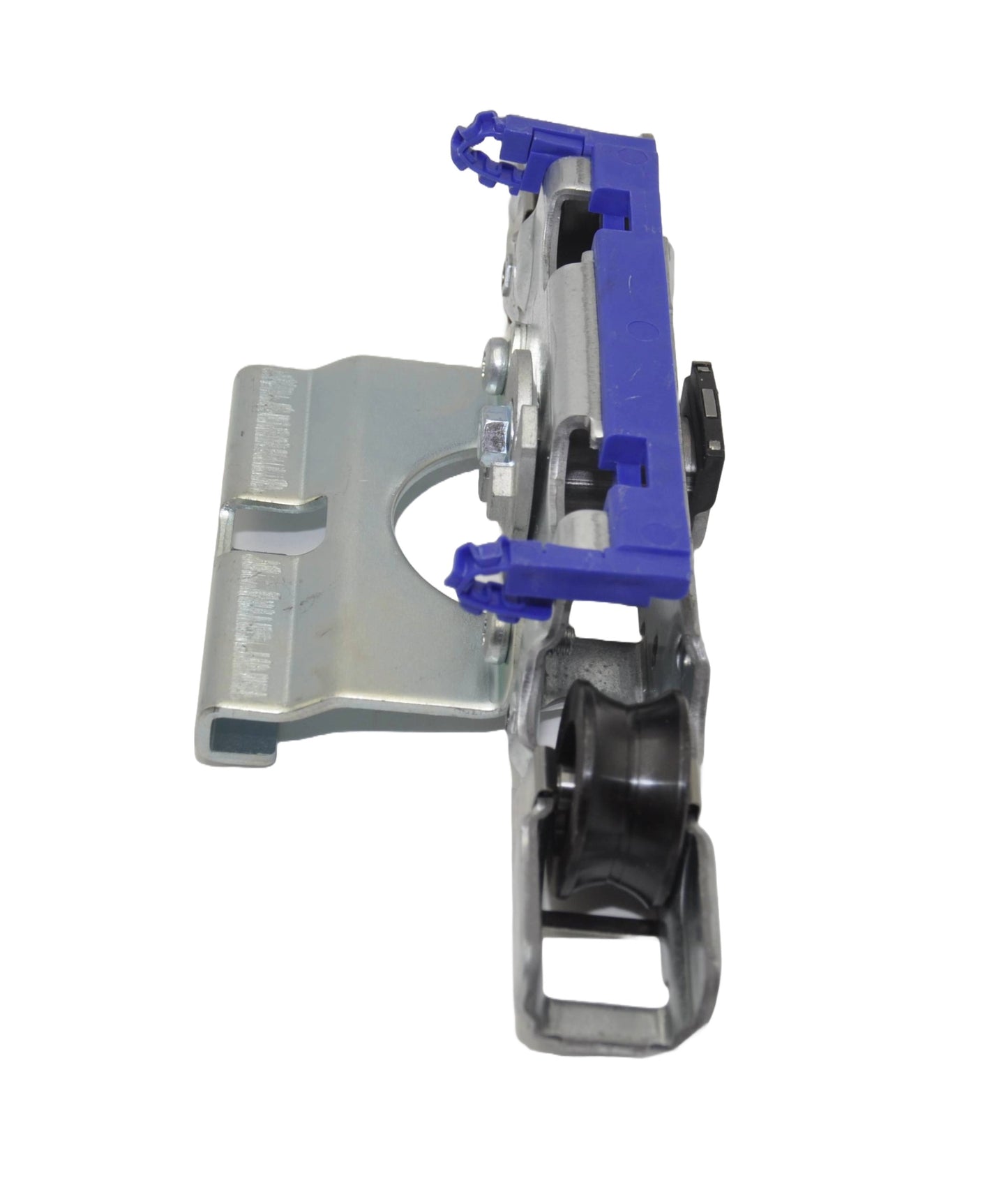 A side view image showing a SL500 / PSL150 Carriage Assembly, which includes black steel replacement wheels, mounting brackets, and anti-risers for automatic sliding doors. On a white background.