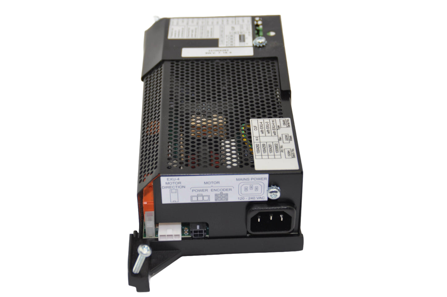 A rear view of a Besam Unislide control panel with power lead socket and labels. On a white background.