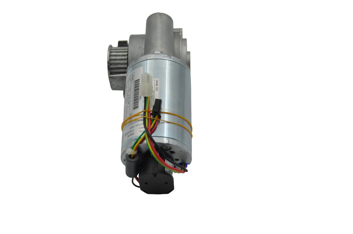 A top view image of the Besam Unislide Motor Gearbox, showing a metallic motor housing with a black and silver colour scheme, with black, green, red and yellow wires. On a white back ground.