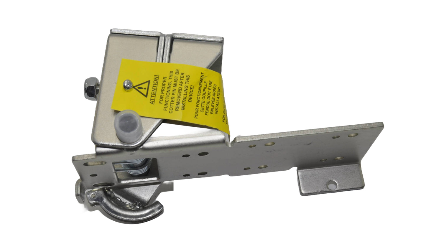 A view of a silver galvanised steel bottom safety brake device for sectional doors, with a yellow label, on a white background.