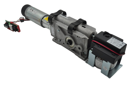 A side view of a Automatic swing door operator with fail-safe opening function, featuring an electro-mechanical drive system, integrated spring-loaded mechanism, and electrical components. On a white background.