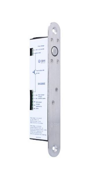 A side view of a CDVI-DX200 Deadbolt Solenoid Bolt 12V DC Fail Safe with pre drilled holes, white label and green connectors,   on a white background.