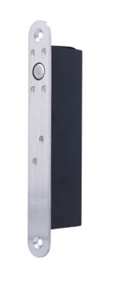 A side view of a CDVI-DX200 Deadbolt Solenoid Bolt 12V DC Fail Safe with pre drilled holes,  on a white background.