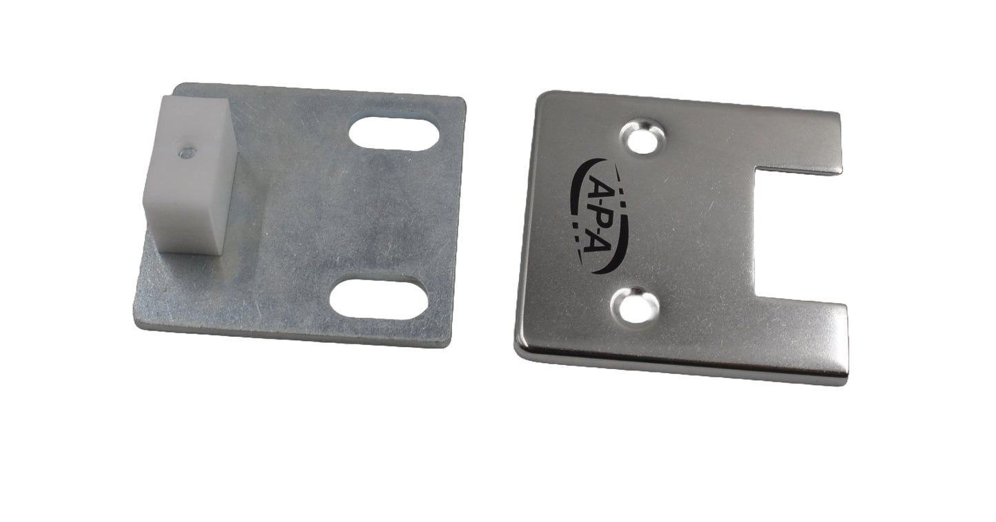 A view of a metal Dorma Standard Floor Guide, two pieces with A-P-A printed in black on one, on a white background.