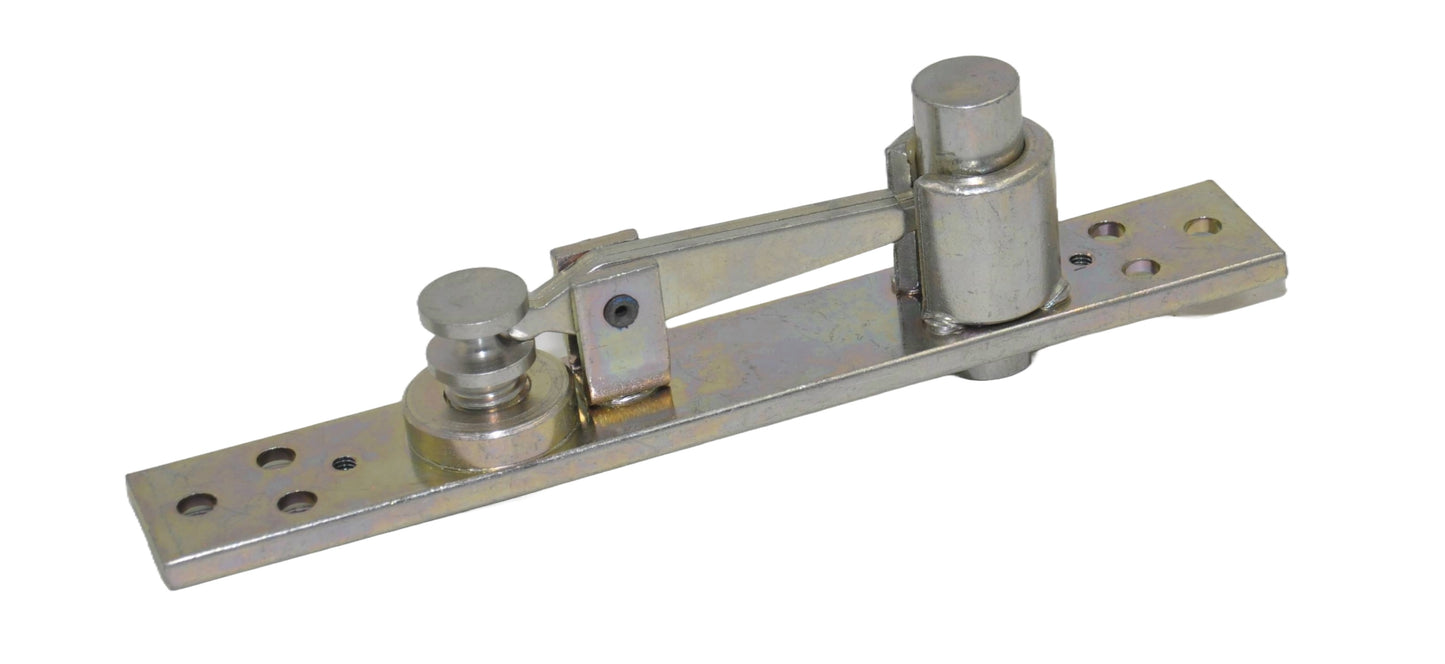 A view of a silver dormakaba 8066 top centre pivot for double action doors, against a white background.