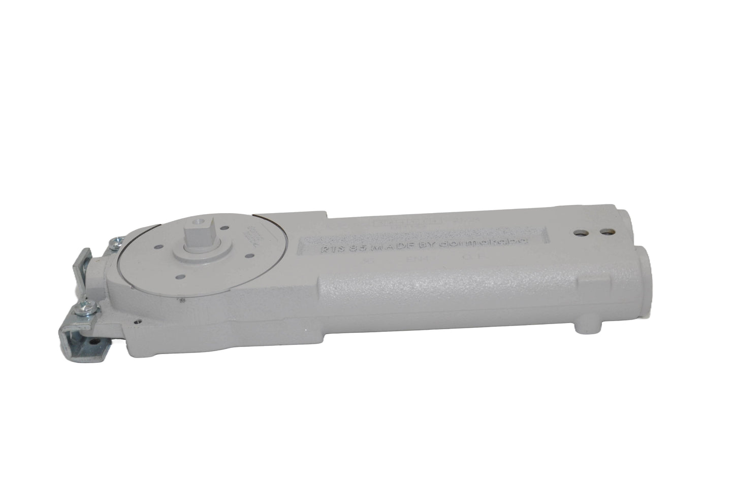 A view of a dormakaba RTS85 Transom Door Closer predominantly grey in colour. On a white background.