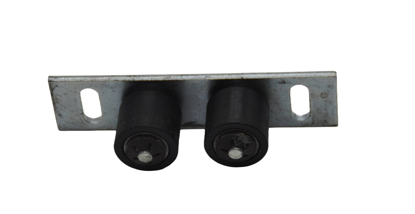 A view of a Dor-O-Matic Double Roller Floor Guide with two black rollers attached to a grey metal plate. On a white blackground.