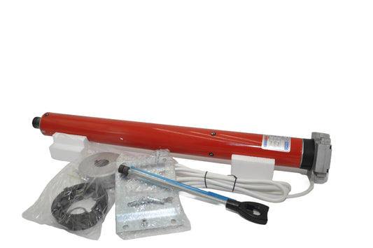 A Eurodrive/DRS 130Nm Roller Shutter Tubular Motor with manual override, displayed alongside its installation accessories and components, such as cables and adaptors. On a white background.