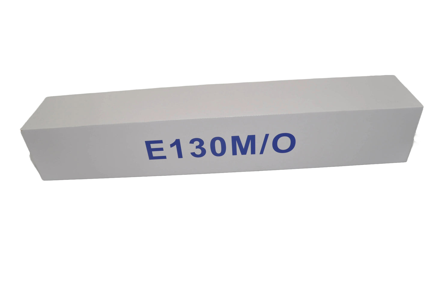 A white box with E130M/O in blue lettering in the middle, on a white background.