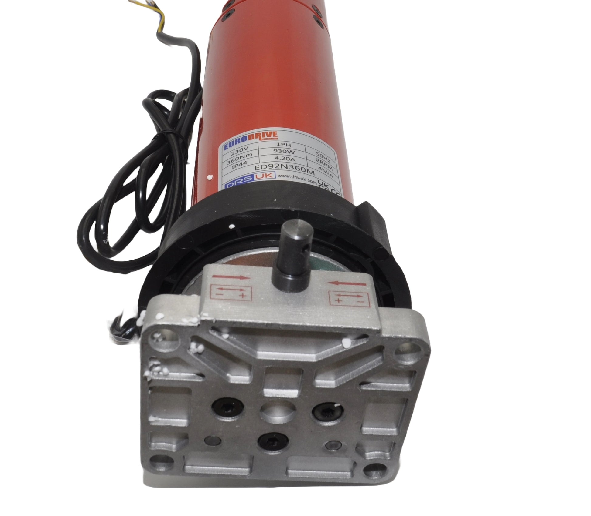 Close-up of a E360 motor with a red housing and  black wiring on a white background.