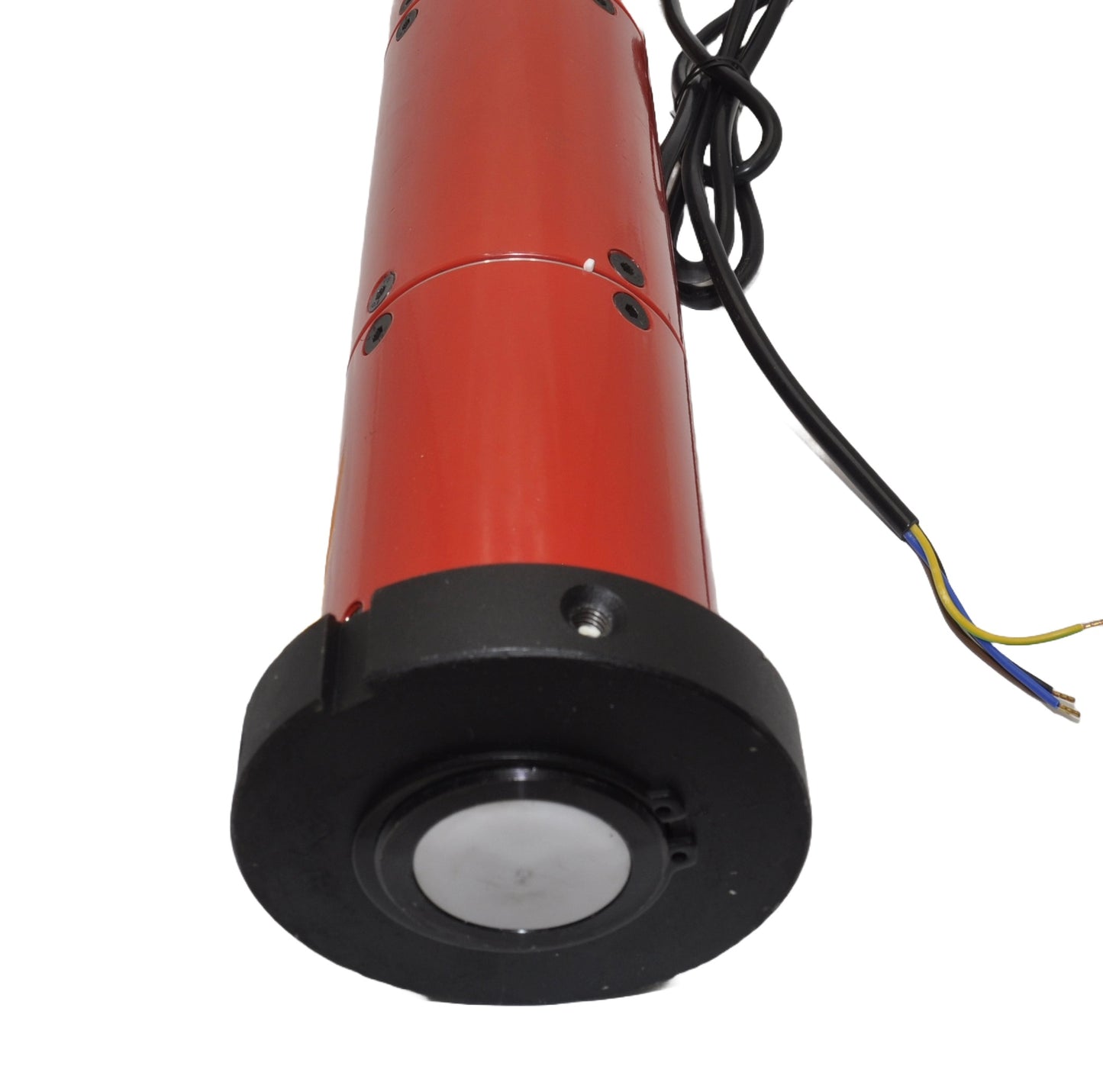 A red tubular motor for roller shutters, with a black motor. On a white background.