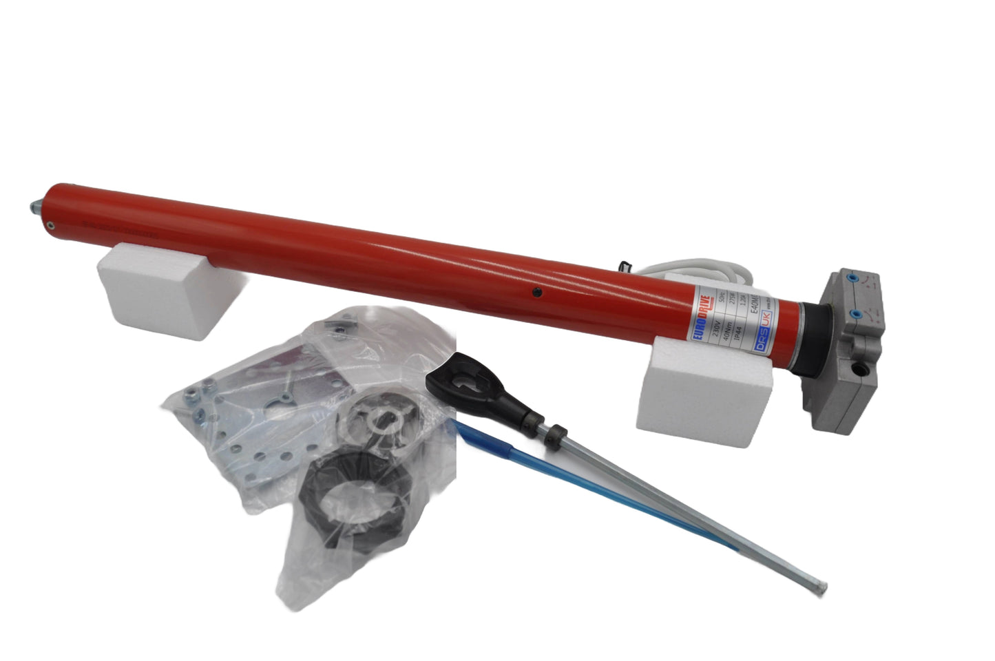 A Eurodrive/DRS 40Nm Roller Shutter Tubular Motor with manual override components, including the motor unit, slat support, and installation tools. On a white background.