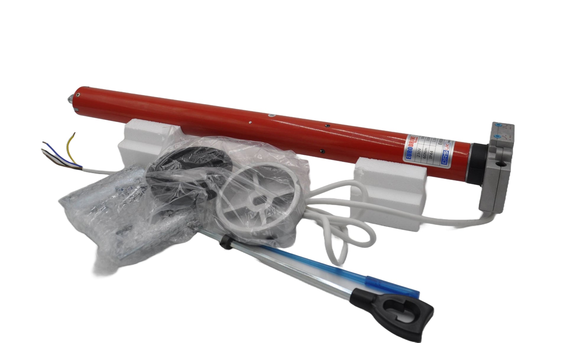 A Eurodrive/DRS 60Nm tubular motor , including components and manual override mechanism. on a white background.