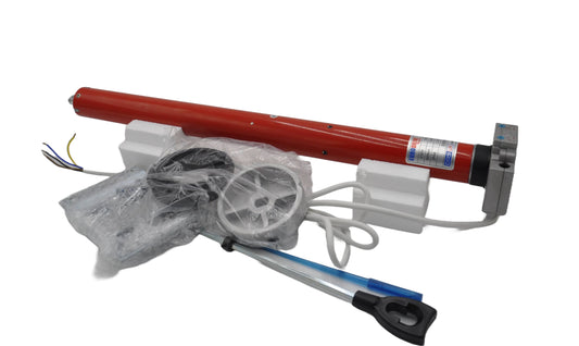 A Eurodrive/DRS 60Nm tubular motor , including components and manual override mechanism. on a white background.