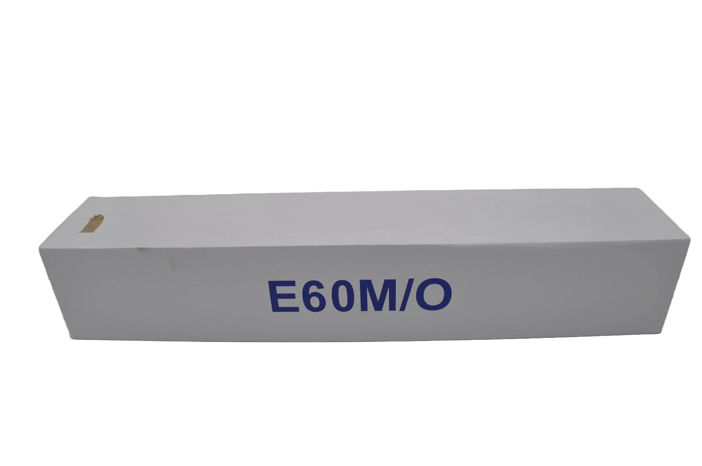 A white box with E60M/O in blue text printed on it, on a white background.