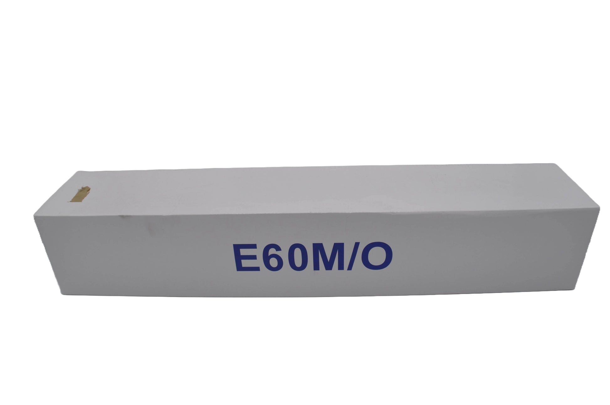 A white box with E60M/O in blue text printed on it, on a white background.