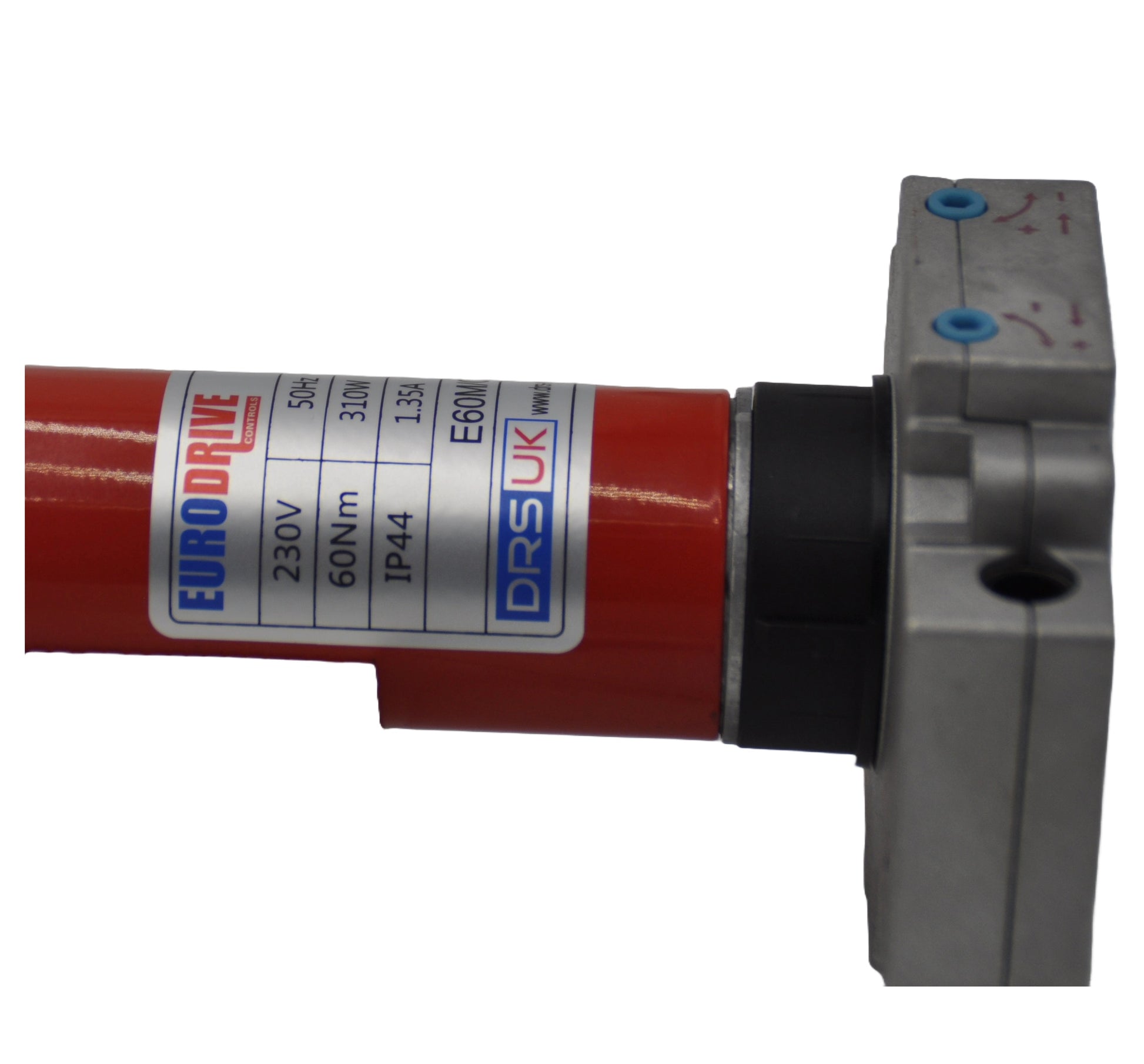 A red tubular motor for roller shutters, with  wires and a grey label with blue, black and red text. On a white background