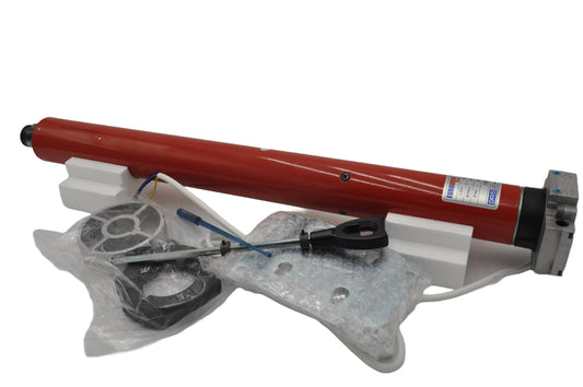 A Eurodrive/DRS roller shutter tubular motor with manual override, including parts and accessories, against a white background.