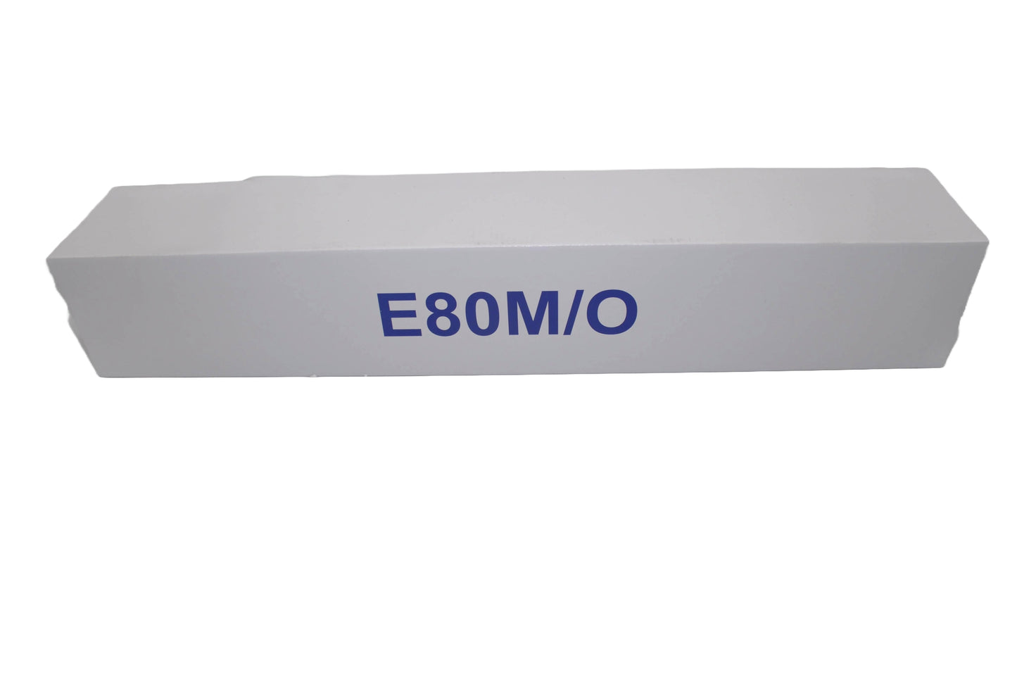 A white box with E80M/O in blue lettering, on a white background.