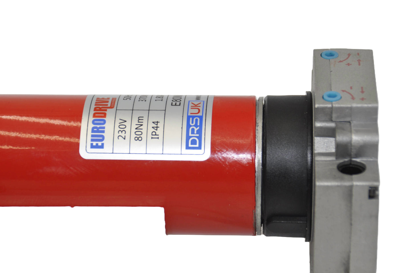 A red tubular motor for roller shutters, with wires and a grey label with blue, black and red text. On a white background