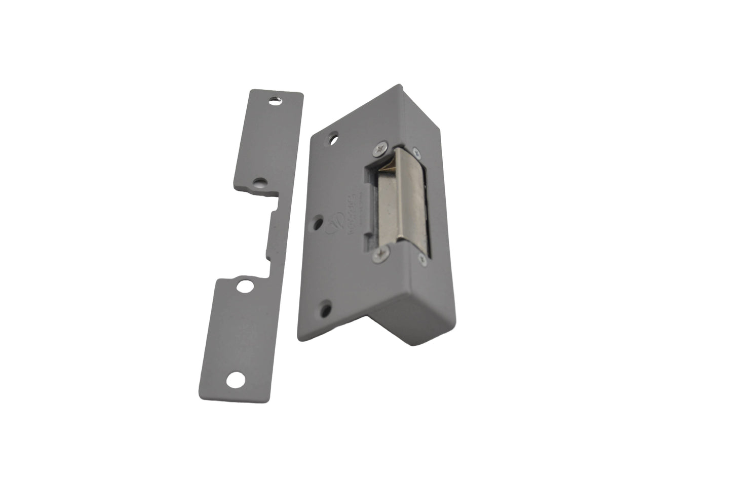 A view of a electric mortice release consisting of a pivoting metal jaw attached to a stainless steel faceplate, along with a separate bracket, on a white background.
