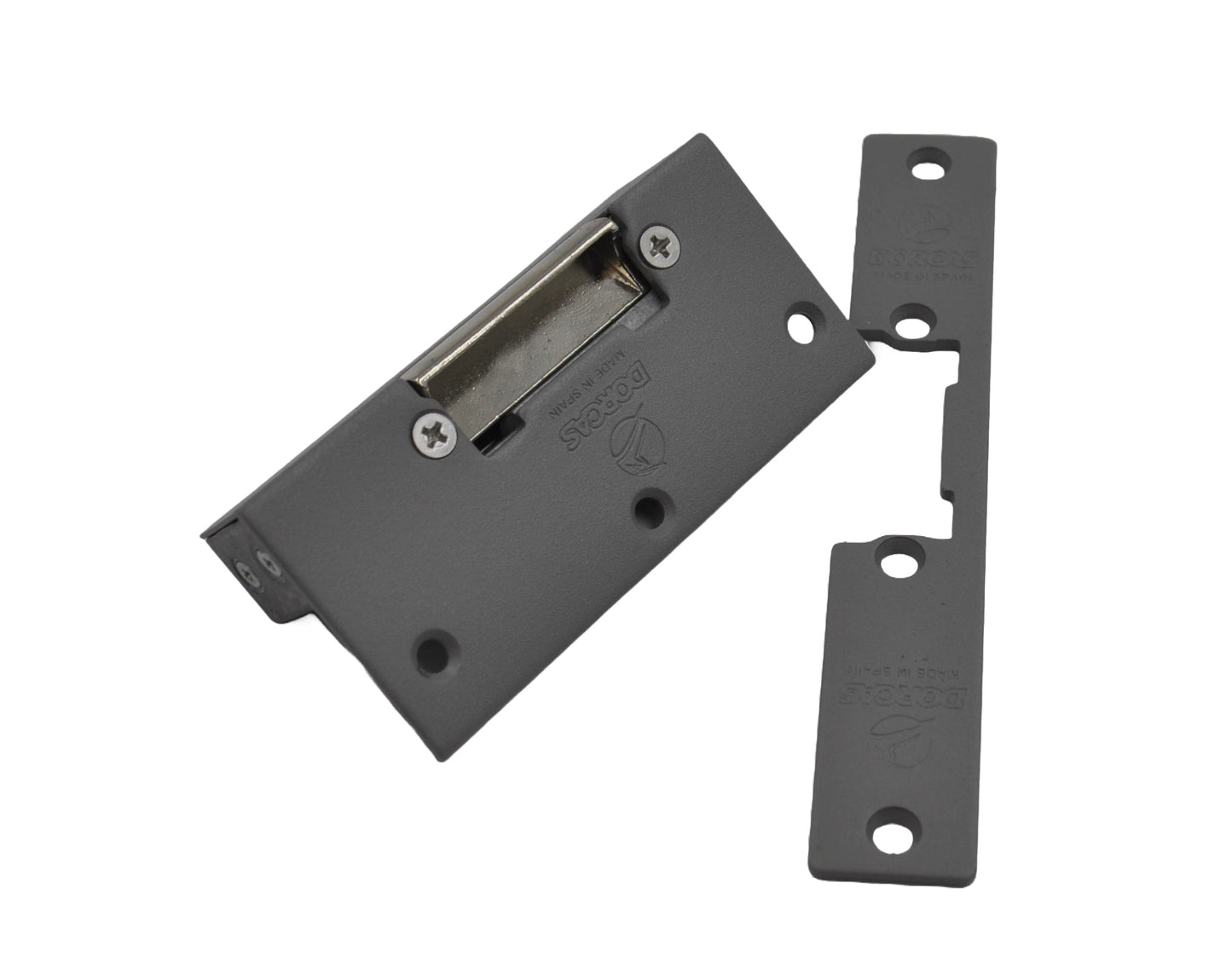 A view of a electric mortice release consisting of a pivoting metal jaw attached to a stainless steel faceplate, along with a separate bracket, on a white background.