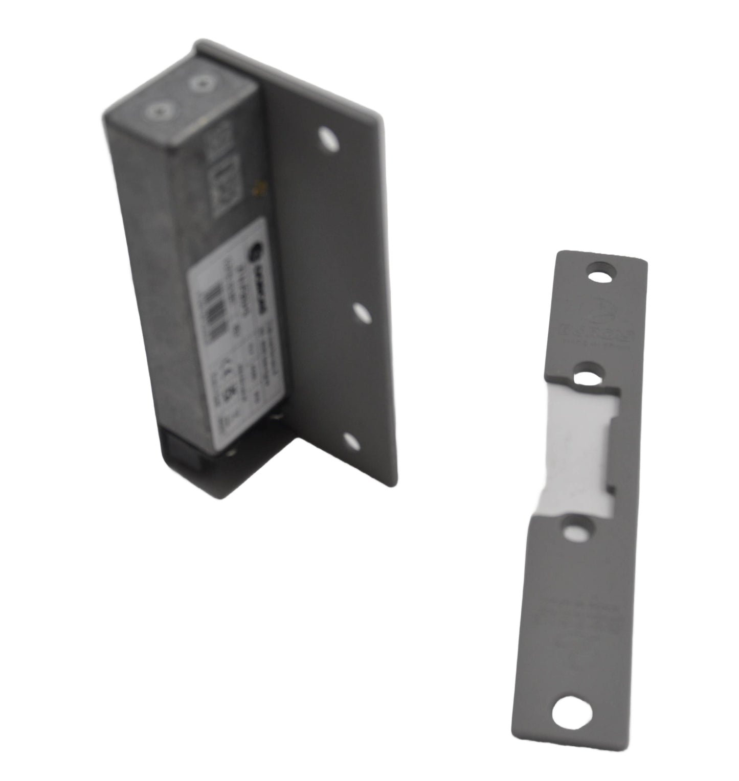 A view of a electric mortice release consisting of a pivoting metal jaw attached to a stainless steel faceplate, along with a separate bracket, on a white background.