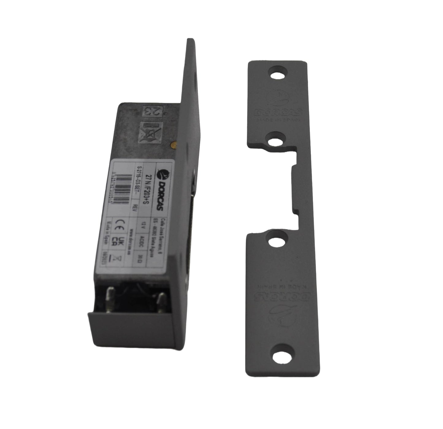 A side view of a electric mortice release consisting of a pivoting metal jaw attached to a stainless steel faceplate, along with a separate bracket, on a white background.