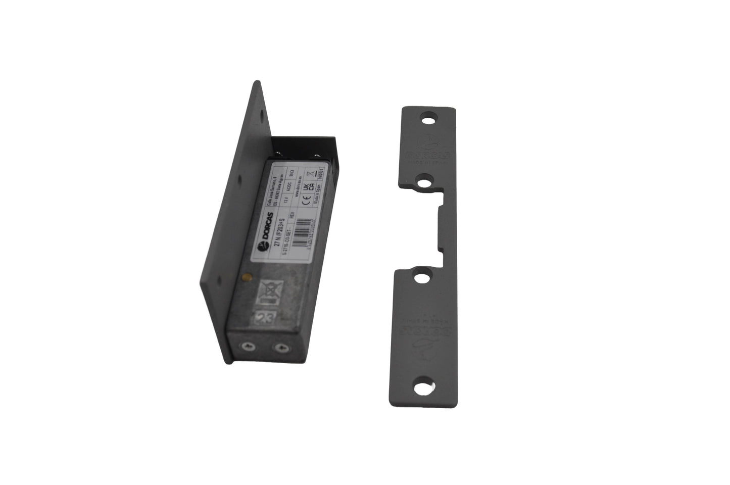 A side view of a electric mortice release consisting of a pivoting metal jaw attached to a stainless steel faceplate, along with a separate bracket, on a white background.