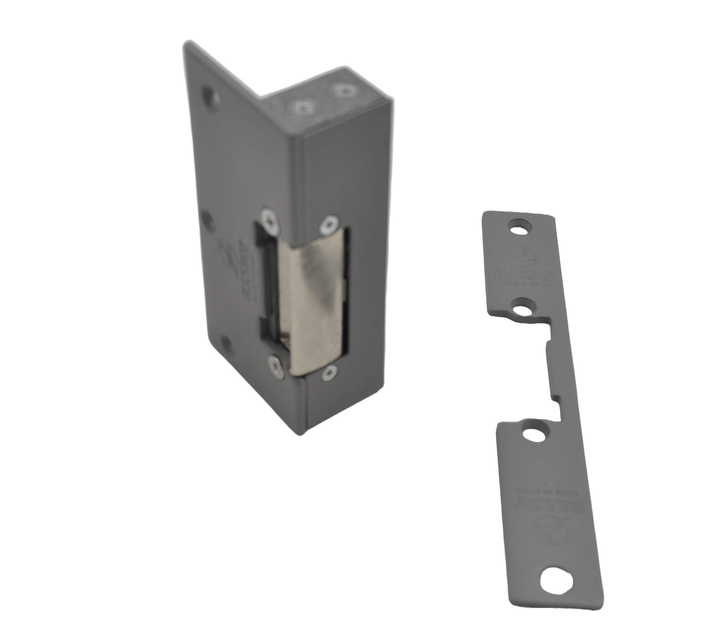 A view of a electric mortice release consisting of a pivoting metal jaw attached to a stainless steel faceplate, along with a separate bracket, on a white background.