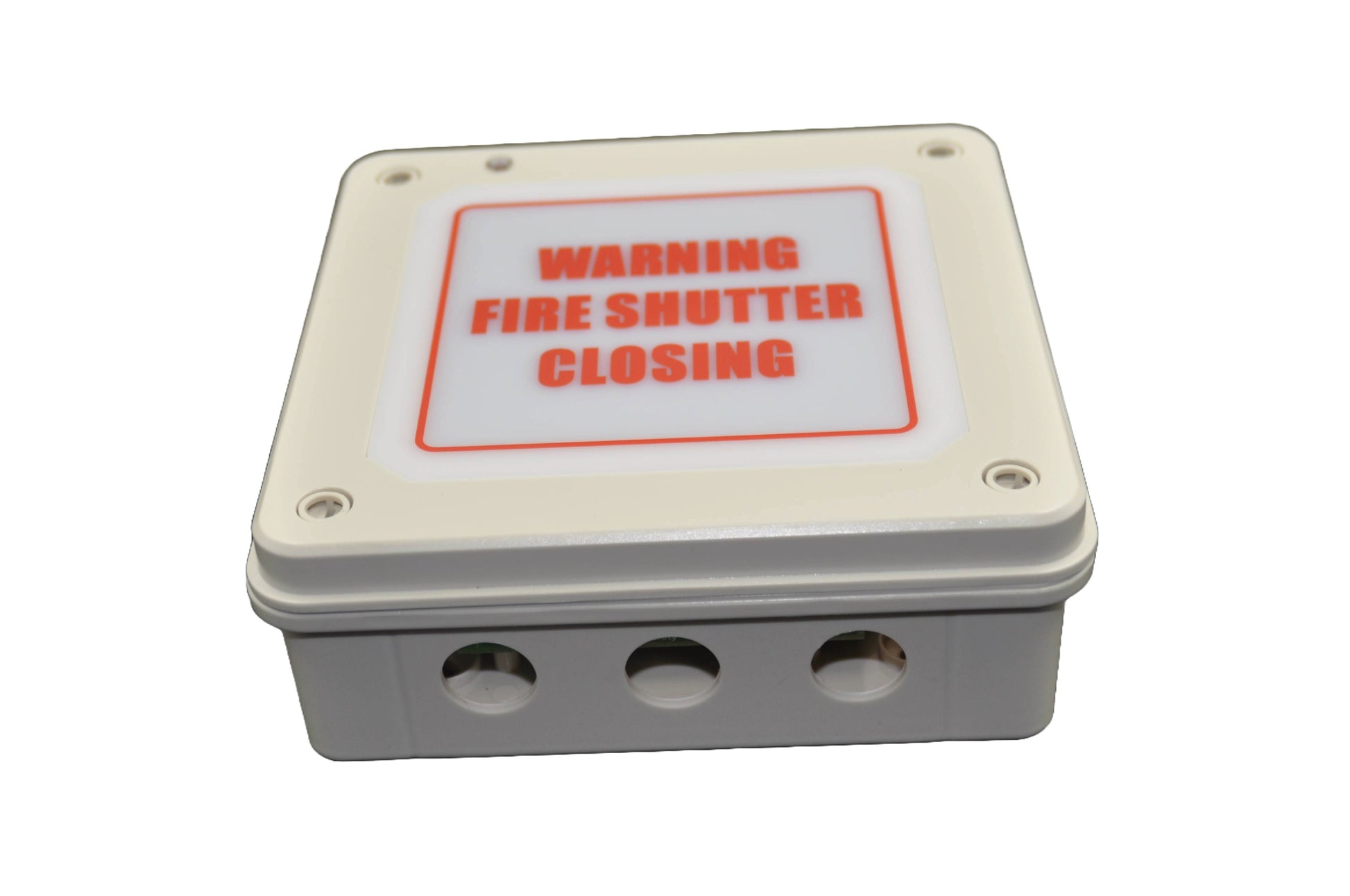 A top view of a Rectangular metal box with 'WARNING FIRE SHUTTER CLOSING' label on a white background