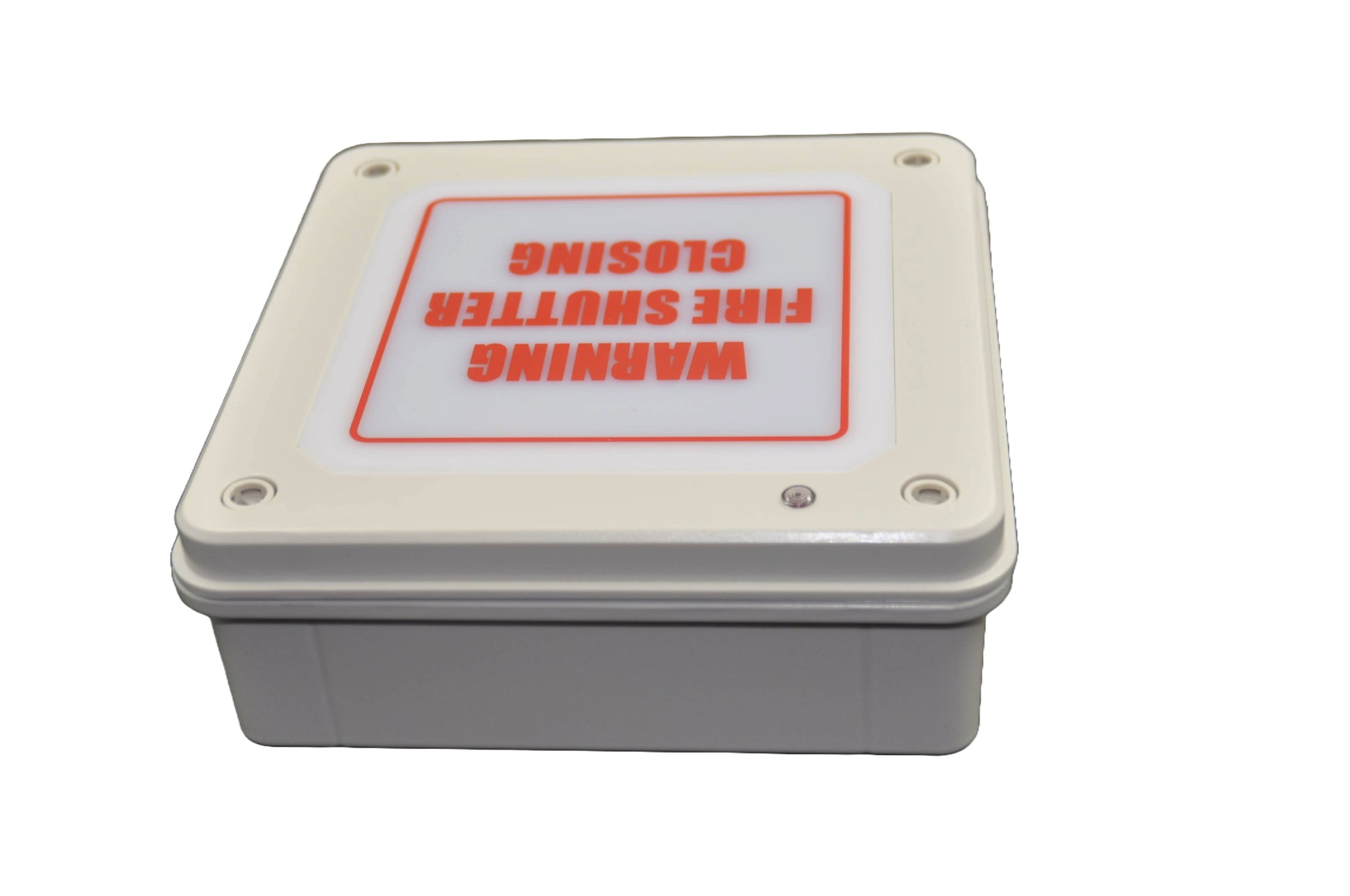 A top view of a Rectangular metal box with 'WARNING FIRE SHUTTER CLOSING' label on a white background