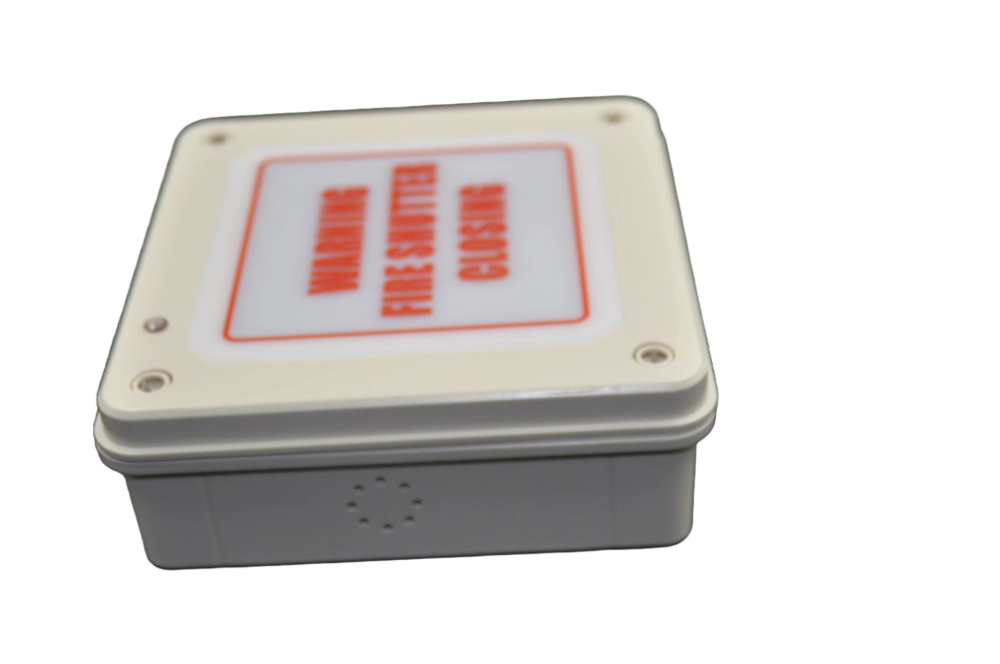 A top view of a Rectangular metal box with 'WARNING FIRE SHUTTER CLOSING' label on a white background