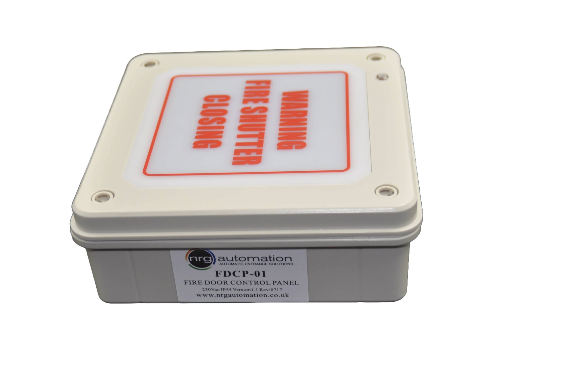 A top view of a Rectangular metal box with 'WARNING FIRE SHUTTER CLOSING' label on a white background