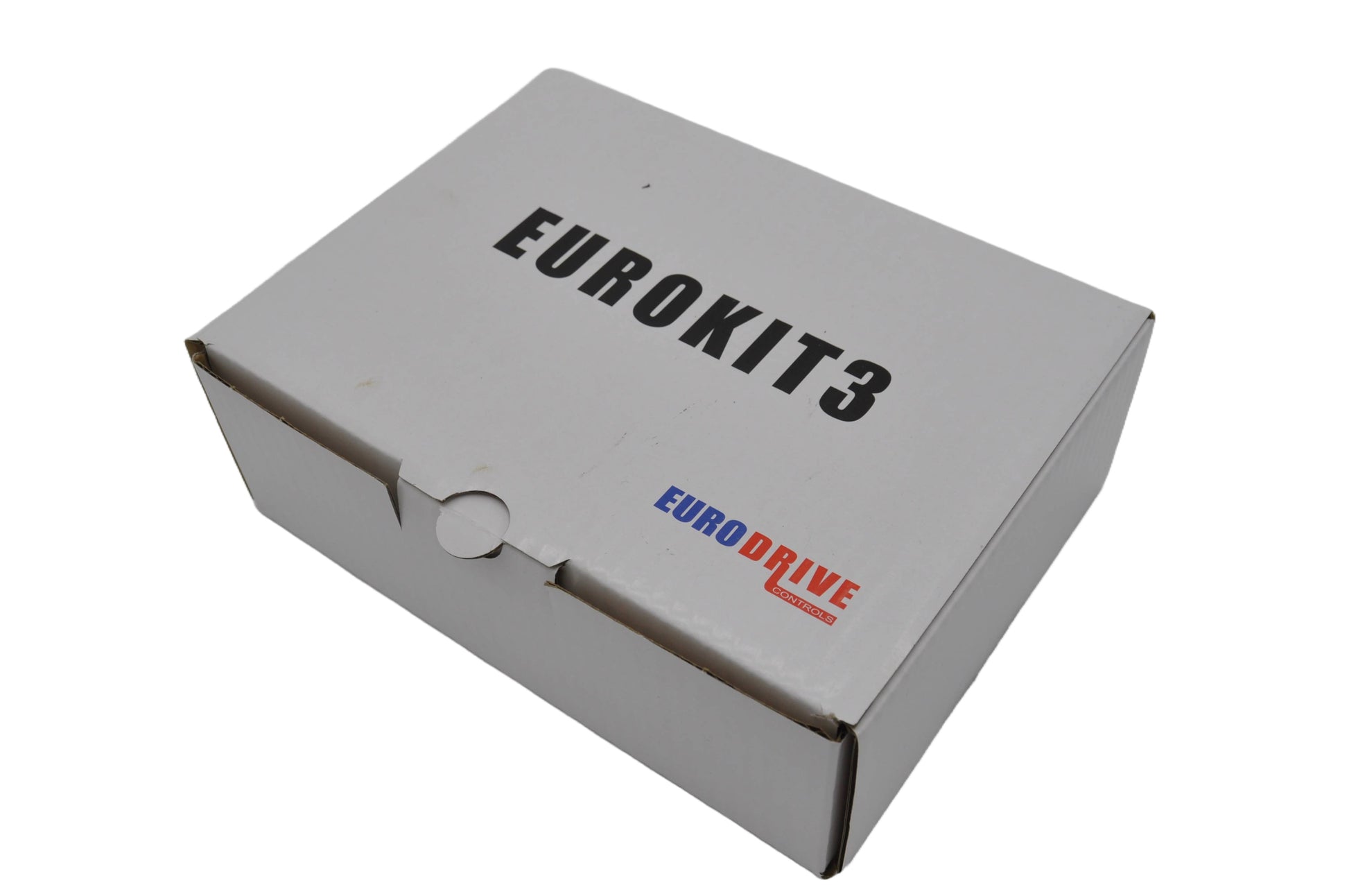 A white cardboard box with EURO KIT 3 printed on the top and Euro Drive in blue and red lettering on the bottom right.  On a white background.