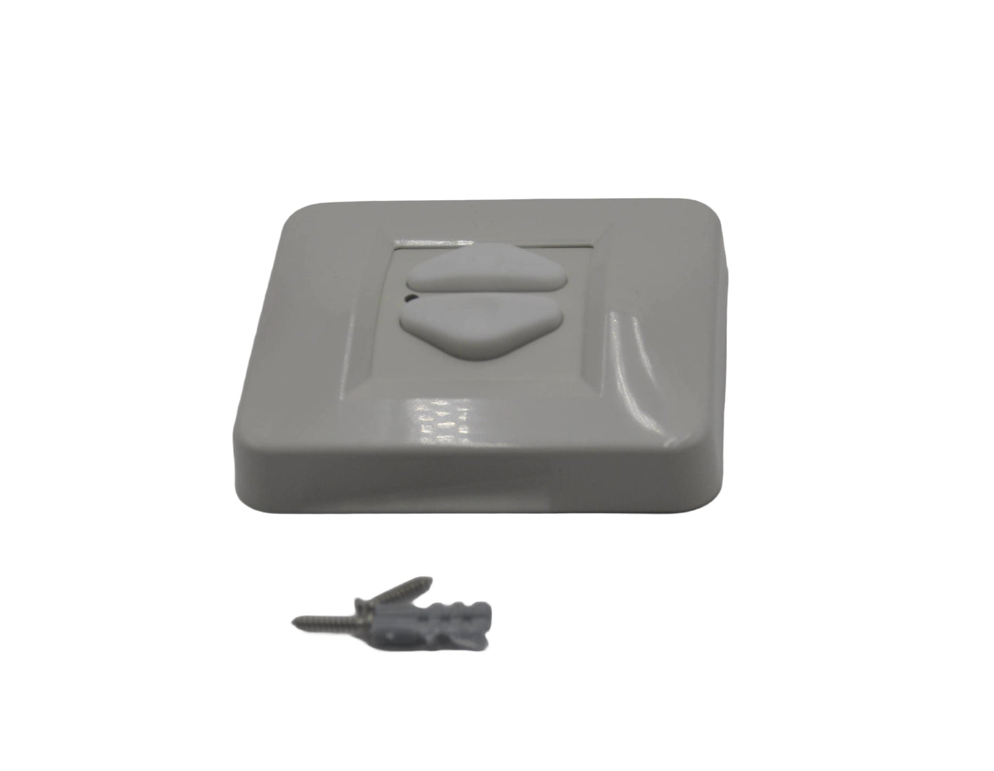 A view of a  square Eurodrive DRS Wireless Rocker Switch with two buttons and a fixing next to it, on a white background.