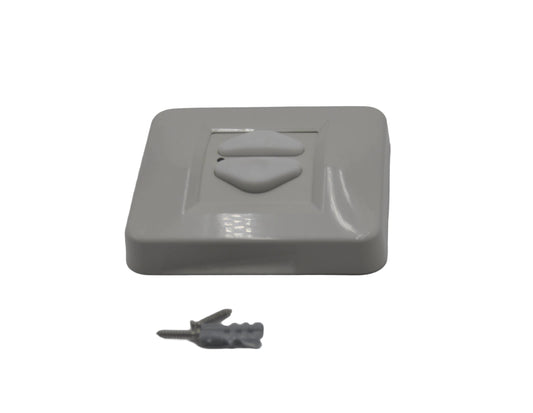 A view of a  square Eurodrive DRS Wireless Rocker Switch with two buttons and a fixing next to it, on a white background.