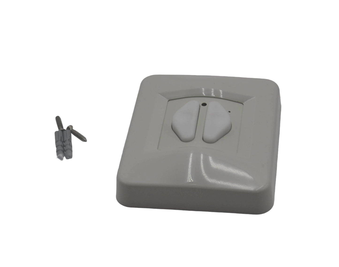 A view of a  square Eurodrive DRS Wireless Rocker Switch with two buttons and a fixing next to it, on a white background.