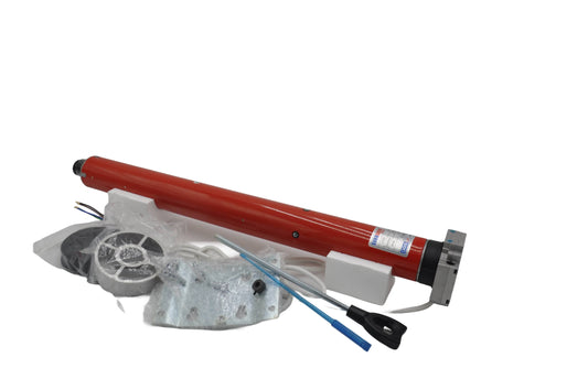 Eurodrive/DRS 160Nm tubular motor for roller shutter garage doors, with manual override, including various components and wiring. On a white background